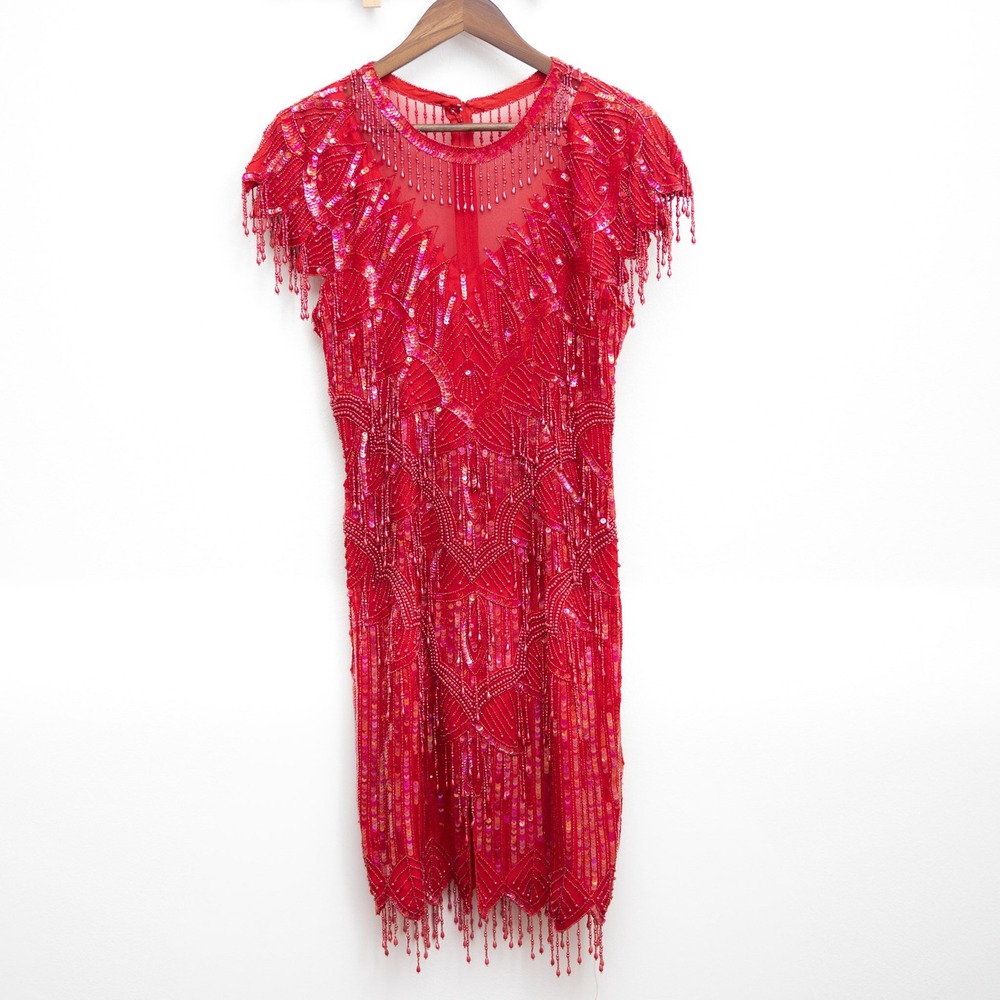 Laurence Kazar Vintage Red Silk Sequin Beaded Fringe Cocktail Dress Small
